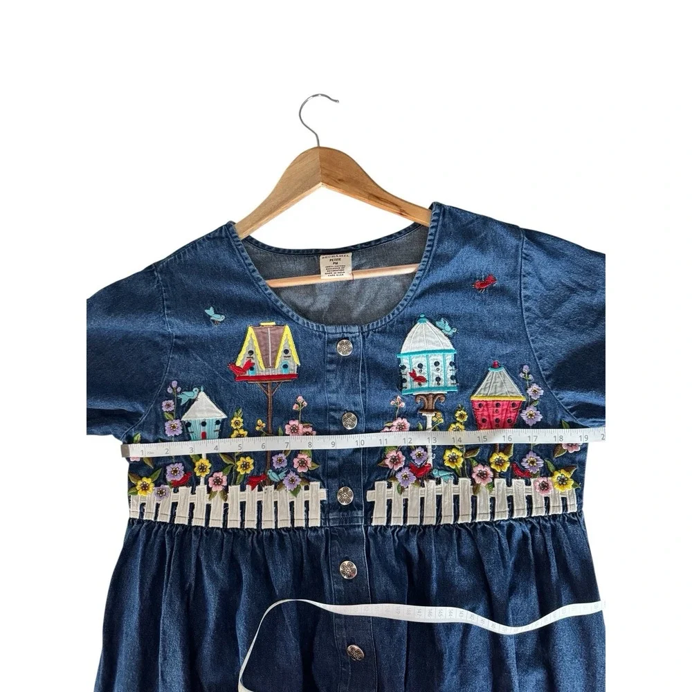 VTG Bechamel Grandmacore Farmcore Embroidered Chambray Button Up Dress Jean Sz M